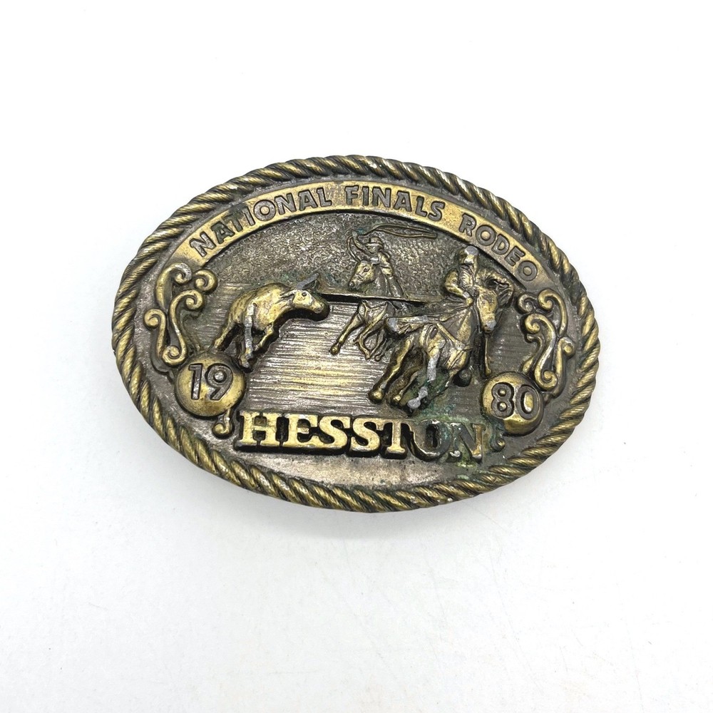 Vintage 1980 Hesston National Finals Rodeo Belt Buckle NFR Steer Wrestling Brass