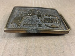 Vintage Brass Shop Smith Mark 5 USA Teacher Tool Belt Buckle HTF Dad Gold Tone