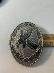 Vintage American Flying Eagle Oval Belt Buckle Etched Leaf USA Made Silver Tone