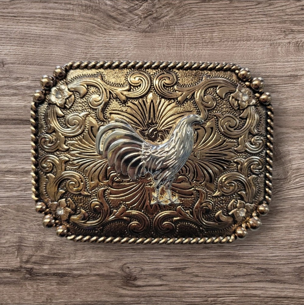 Cowboy Belt Buckle For Man – Rooster 4 1/4&Prime;x3 1/8&Prime; Gold Copper Tone/Silver