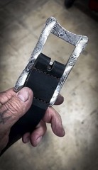 One-off customized 1.5” Damascus Steel Buckle With English Bridal Leather Belt