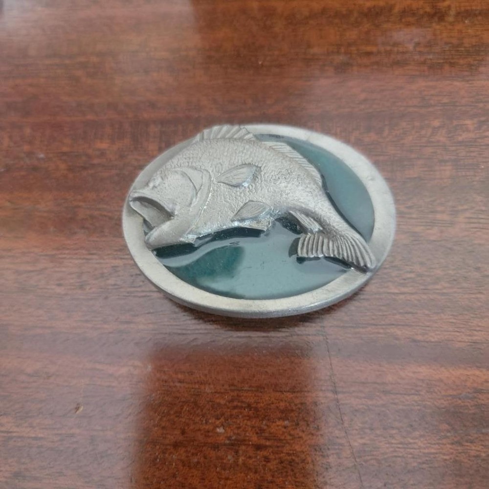 1987 C & J Pewter & Enamel Large Mouth Bass Fish Belt Buckle