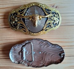 BIG Long horns bull western country gold & silver & black belt buckle