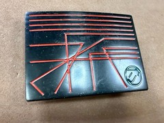 Unknown to me! Geometric Abstract Lines Red Over a Black Enamel Belt Buckle