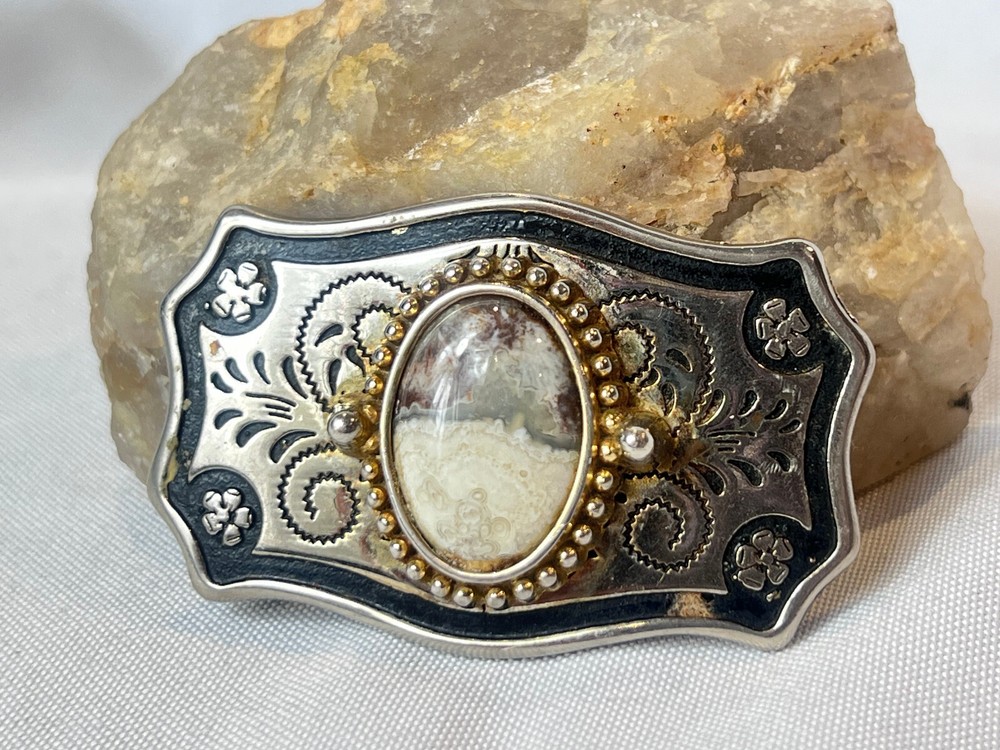 Vtg Western Style Belt Buckle Silvertone And Polished Cabochon Stone USA