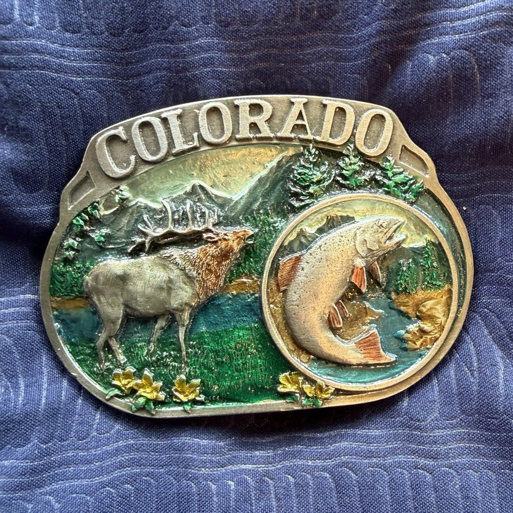 CJ Western Belt Buckle Colorado Elk & Fish Wildlife Scene Multicolor 1.5in