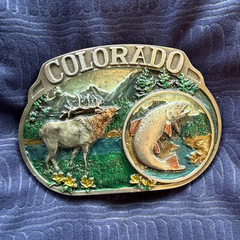 CJ Western Belt Buckle Colorado Elk & Fish Wildlife Scene Multicolor 1.5in