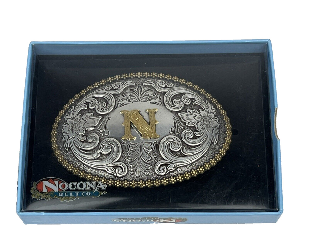 NOCONA Belt Co. OVAL INITIAL BUCKLE – N – 2 Tone Floral New In Box Unisex