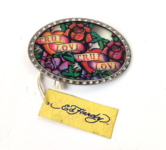 Ed Hardy True Love Red Rose Oval Belt Buckle Rhinestones