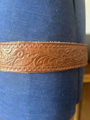 Vintage Brown Tooled Leather Belt with Bald Eagle Belt Buckle Silver Gold 38&Prime;