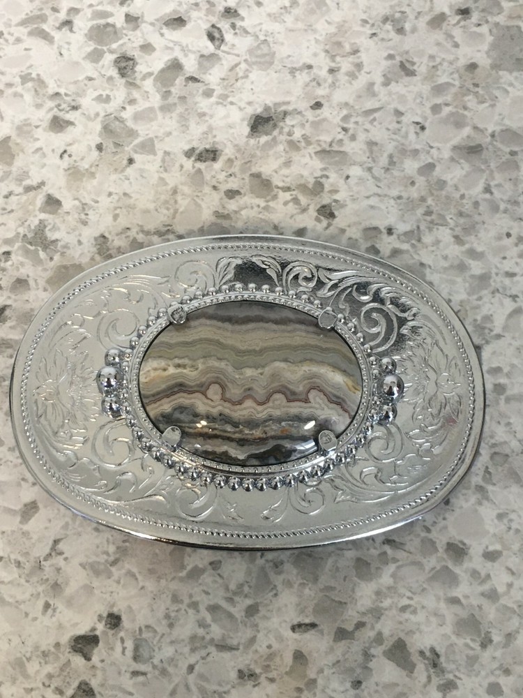 Crazy Lace Agate Silver Belt Buckle, Mexico 3.5&Prime; Wide