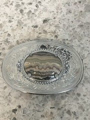 Crazy Lace Agate Silver Belt Buckle, Mexico 3.5&Prime; Wide