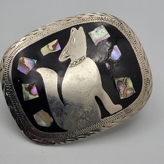 Mexican Alpaca Silver Belt Buckle Howling Wolf Coyote Black Enamel Abalone Inlay
