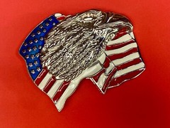 Patriotic American Eagle Head over wavy USA American Flag 4&Prime; belt buckle