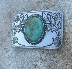 Turquoise Stone Western Belt Buckle Silver Plated Cowgirl Agate 1.5in Snap Fit