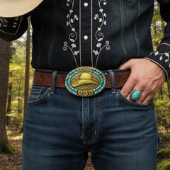 Men Antique Gold Metal Western Belt Buckle Cowboy Hat Turquoise Blue Color Beads