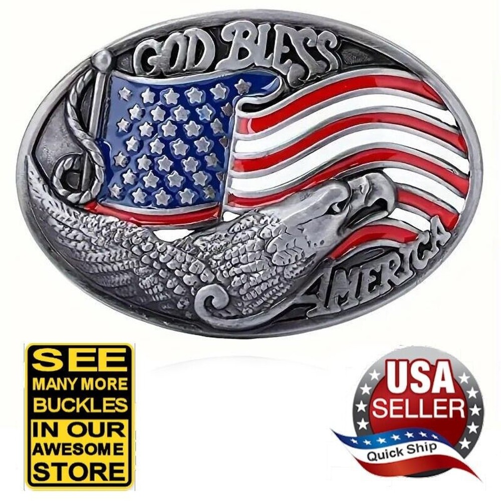 Eagle Silvertone Belt Buckle • « God Bless America » •Red White Blue American Flag