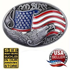 Eagle Silvertone Belt Buckle • « God Bless America » •Red White Blue American Flag