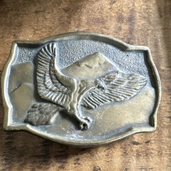 Vintage 1970s Brass EAGLE Landing Mountains Belt Buckle