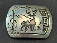 ROSCO SCOTT VINTAGE STERLING SILVER OVERLAY DEER BELT BUCKLE