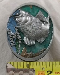 RATHER BE FISHING JUMPING FISH BASS TROUT FISHERMAN BELT BUCKLE MADE IN USA 1988
