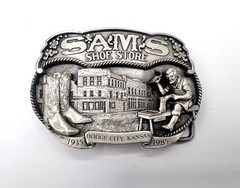 Dodge City Kansas SAM&rsquo;S SHOE STORE 1985 Pewter Belt Buckle Allen Cowboyboy Boots