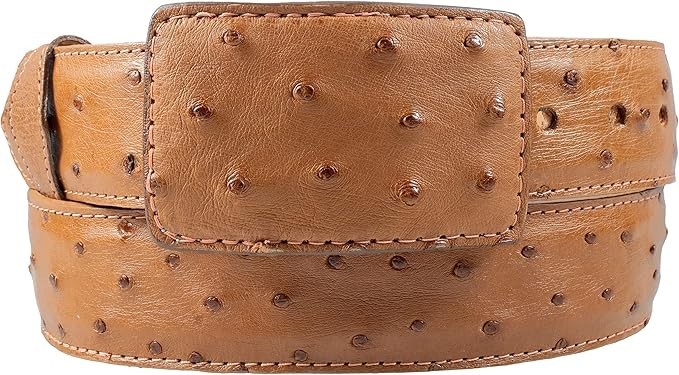 Genuine Exotic Full Quill Ostrich Skin Western Belt with Removable Buckle-Cognac