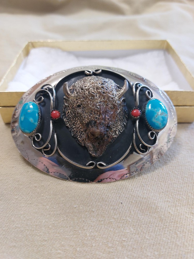 Belt Buckle Silver custom handmade buffalo turqoise stones
