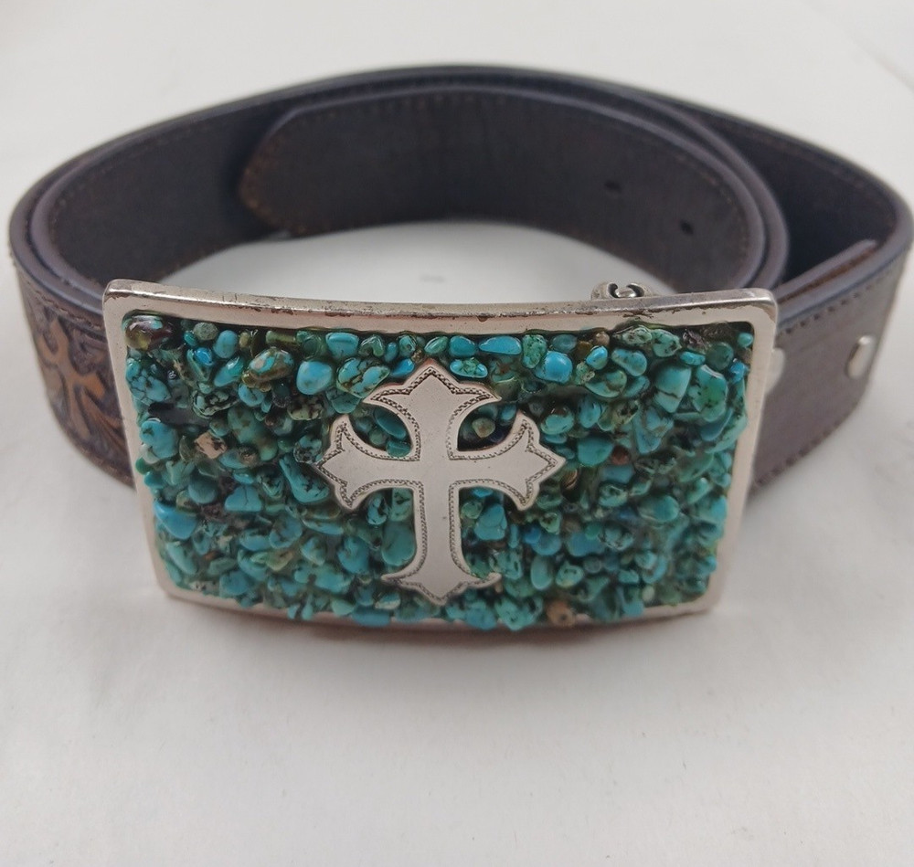 Nocona Silver Tone Western Cross Turquoise Inlay Rectangular Large Belt Buckle