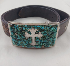 Nocona Silver Tone Western Cross Turquoise Inlay Rectangular Large Belt Buckle
