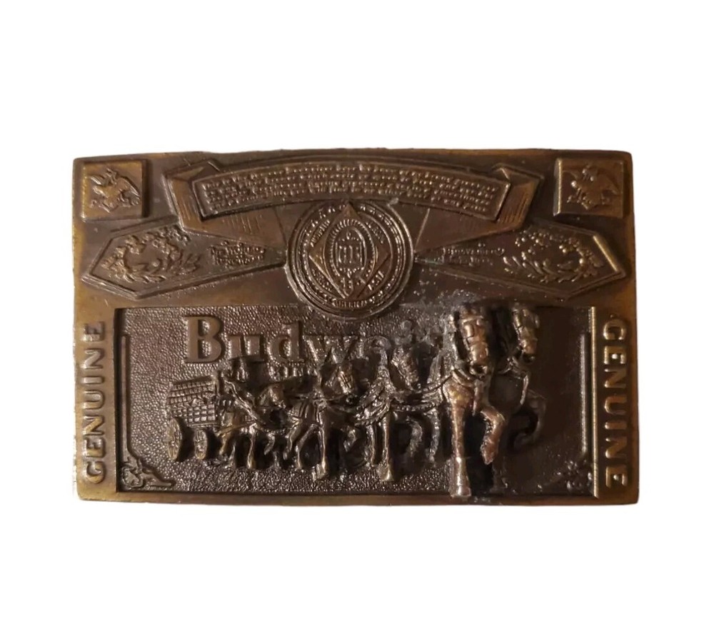 Genuine BUDWEISER Beer Brass Belt Buckle (1982; Serial No. 820) 2 1/8&Prime; X 3 1/2&Prime;