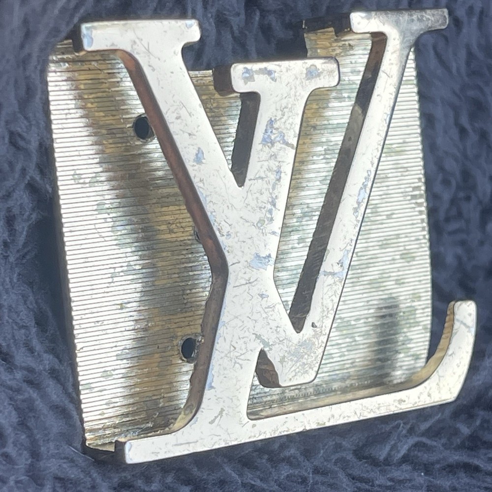 Vtg Louis Vuitton Gold Tone Belt Buckle Iconic LV Engraved Logo Y2K Distressed