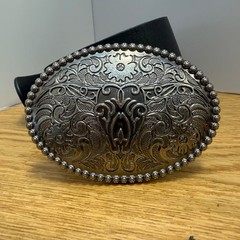 Vintage Western Cowboy Black Belt with Silver Tone Oval Belt Buckle Sz M See pic
