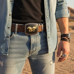 Men Women Belt Buckle Silver Metal Square Trendy Gold Rodeo Horse Black Fabric