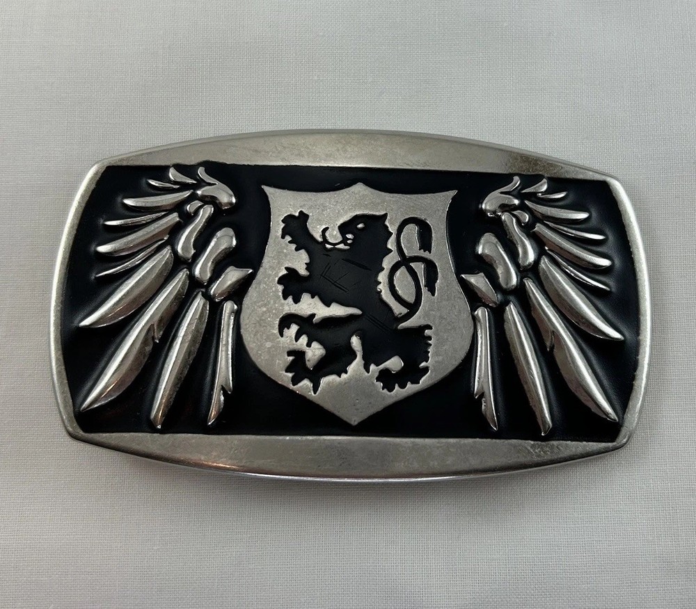 VTG Biker Rampant Lion Crest Shield Design Silver Black Enameled Belt Buckle