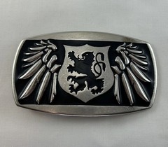 VTG Biker Rampant Lion Crest Shield Design Silver Black Enameled Belt Buckle