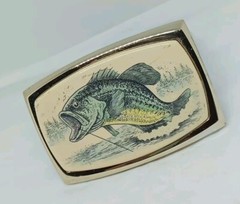 Vtg. RAINTREE ?Gold TnedMetal Ivory Color Large Mouth Bass Belt Buckle. Intricat