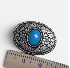 Western Native American Oval Silver Tone Metal Aqua Stone Metal Belt Buckle Vtg
