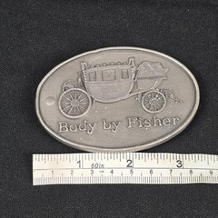 Body by Fisher Belt Buckle Pewter 3.5×2.25in Vintage Coach Car Engraved
