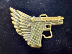 Winged Gun Flying Pistol Handgun Figural Cutout Brass Tone 4&Prime; Wide Belt Buckle