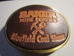 VINTAGE BAKER MINE SERVICE THEME BELT BUCKLE LEATHER AND BRASS BBA-7