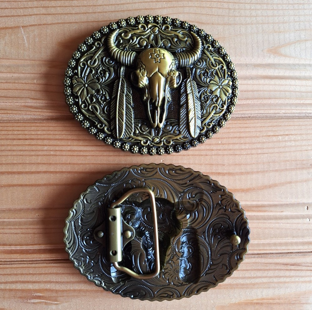 Long horns Bull skull head flowers feathers western country bronze belt buckle