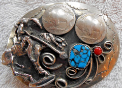 Sterling Native American Belt Buckle – Buffalo Nickels Turquoise/Coral 76g TW