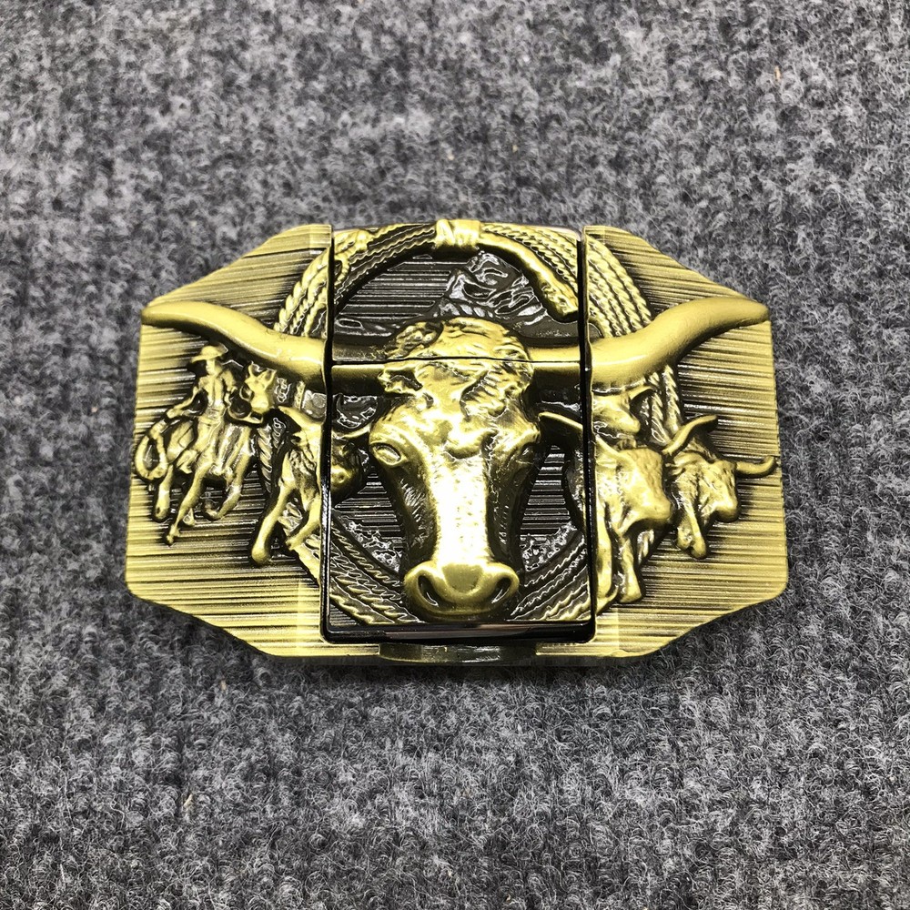 Antique Brushed Bull Head Cowboy Western Belt Buckle with Lighter, Stock in US