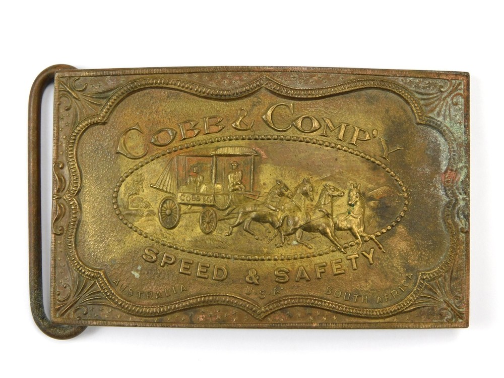 Vintage Cobb & Co Speed & Safety Brass Western Belt Buckle