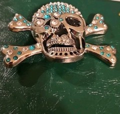 Skull Crossbones Rhinestone Belt Buckle Silver Tone Aqua White Heavy Metal