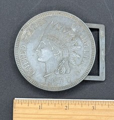 vintage INDIAN HEAD oversized Penney 1877 belt buckle COIN silver dollar WESTERN