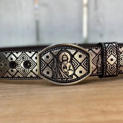 Genuine Laser Cut Leather San Judas Western Belt with Removable Buckle – Silver