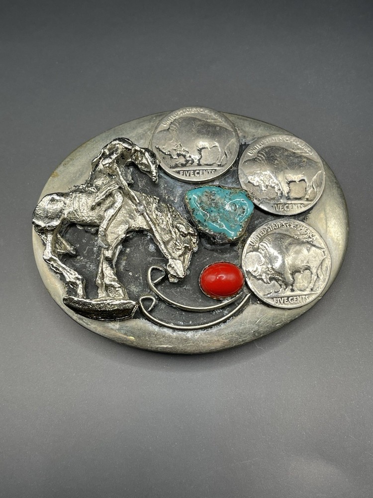 vintage HANDCRAFTED belt buckle BUFFALO NICKEL native american indian TURQUOISE