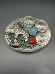 vintage HANDCRAFTED belt buckle BUFFALO NICKEL native american indian TURQUOISE